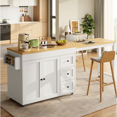 Mobile cucina isola estensibile 116-179,5 cm con 3 cassetti, ruote, bianco DESVIAE (1/5)