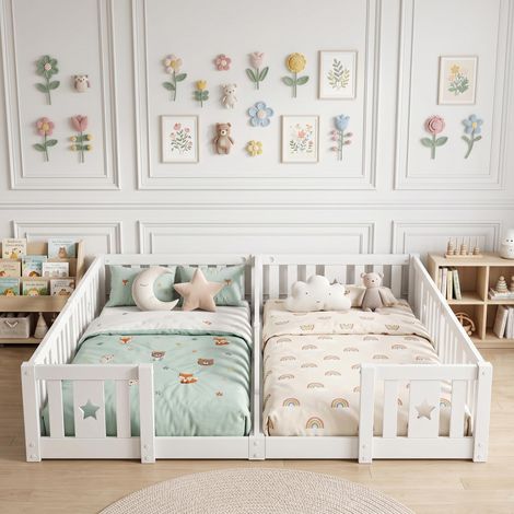 Lit cabane enfant 140x190 cm – Sans sommier à lattes – Barrières de sécurité – Bois pin et contreplaqué – scandinave, Blanc