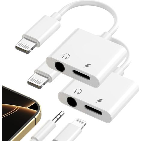 2 câbles adaptateurs audio Lightning vers jack 3,5 mm, répartiteur charge + écoute simultanée, compatible iPhone (1/5)