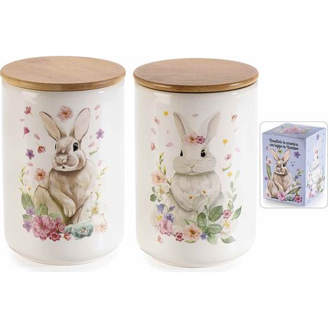 Barattoli / contenitori portadolci di Pasqua in ceramica alimentare con coperchio in bamboo e confezione regalo, set da 4 pezzi, Ø 10 cm x 15 H