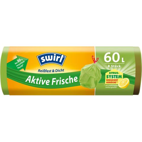 SWIRL® SACS POUBELLE ACTIVE FRESH - 60 L - RÉSISTANTS À LA DÉCHIRURE ET ÉTANCHES - AVEC SUPPORT POUR SACS POUBELLE 4638