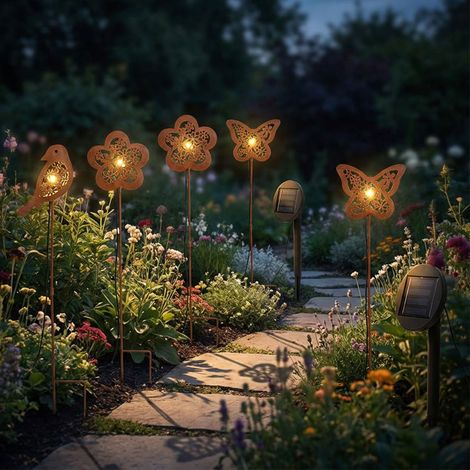 LED Solarlampe Erdspieß Gartendeko Außenleuchte Stecklampe, Metall rost, Blume, Vogel, Schmetterling, BxH 11 x 45 cm, 6er Set