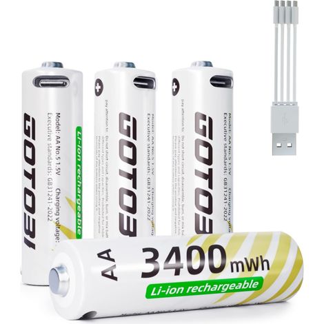 Piles Rechargeables AA,1,5V Lithium 3400mWh de Haute Capacité Réelle Batteries avec câble de Charge USB-C 4 en 1, Charge Rapide en 1 Heure, 1600 Cycle,Lot de 4 avec Boîte de Stockage de Piles (1/5)