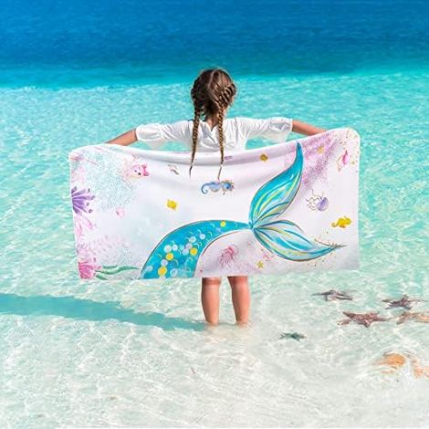 CSPARKV Kids Mermaid Beach Towel - 75 x 150 cm Sand Free Microfiber Towel for Boys Pool Towel Absorbent Quick Dry Soft Beach Blanket Bath Shower Towel (1/5)