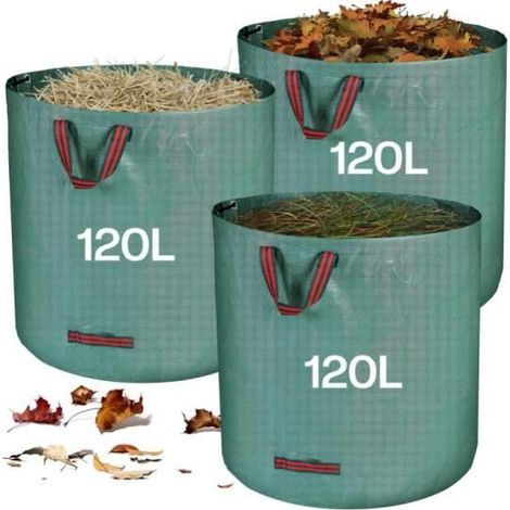 Green Waste Garden Bags, 3 x 120L Plant Sacks with Handles, Foldable & Reusable Polypropylene Bags