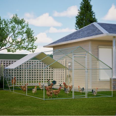 Corral para gallinero grande 3x6 m con techo de PVC, estructura metálica reforzada y puerta con llave, gris (1/5)