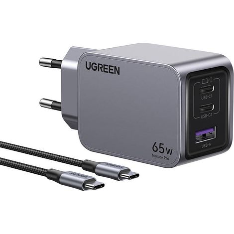 Caricabatterie da parete Ugreen Nexode Pro, USB + 2x USB-C, 65W + cavo USB-C da 1,5 m (nero) (1/2)