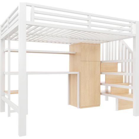 Letto a soppalco in metallo 140 x 200 con scrivania, scaffale, armadio e scala contenitore, bianco (1/5)