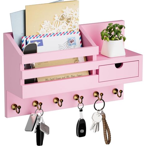 Porte-clés mural - Porte-clés avec 6 crochets et tiroir de rangement, crochet mural pour clés, étagère murale pour organiseur de porte-clés, pour entrée, salon, couloir, bureau (Rose) (1/5)