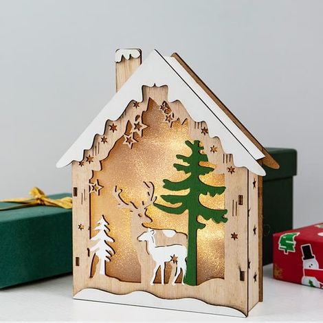 Maison en bois illuminée par LED du Père Noël à suspendre au sapin de Noël (1/3)