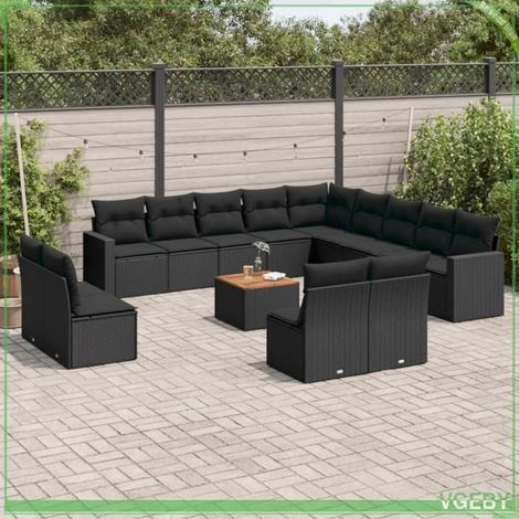 Salon de jardin - Ensemble 14 pcs résine tressée - Noir - Rangement sous assise - Table acacia (1/5)