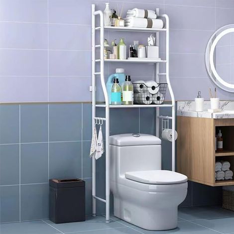 Étagère WC 3 Niveaux en Métal, Meuble Rangement Autoportant Blanc (1/5)