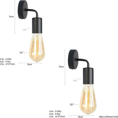Applique murale rétro Edison, lampe murale industrielle vintage en métal, éclairage mural industriel d'intérieur avec douille E27, noir, lot de 2 (1/5)