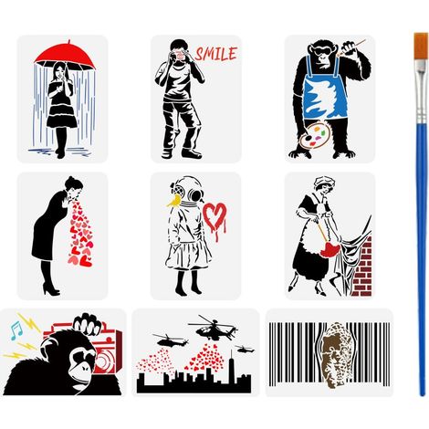 9Pcs Pochoir de Personnages 21X29.7cm Avec Un Pinceau (1/5)