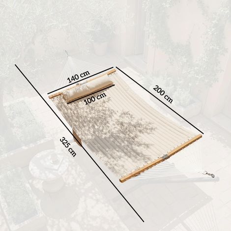 Hamac d'extérieur 200 x 140 cm, hamac double couche avec appui-tête, poche pour magazines, barres d'écartement en bois, supporte jusqu'à 200 kg (1/5)