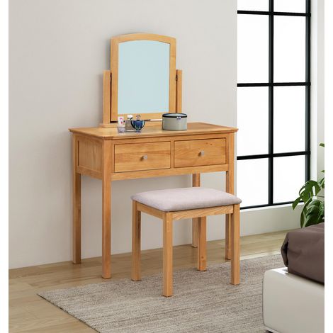 Hallowood Furniture Hereford Oak Dressing Table Set, Wooden Dressing Table with Mirror and Stool with Grey Padded Seat, Stylish Light Oak Vanity Set for Bedroom or Dressing Rooms (1/5)