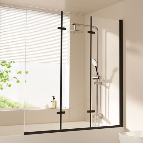 EMKE Badewannenaufsatz 130x140 cm Schwarz, 3-teilige Duschwand für Badewanne faltbar, Hebe-Senkfunktion, 6mm Nano-Sicherheitsglas