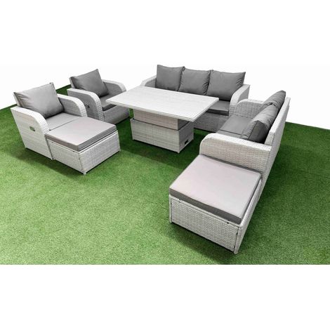 Fimous PE Rattan Garden Furniture Set Reclining Chair Sofa Double Love Seat 2 Seater Sofa Lounge Set Adjustable Lifting Dining or Coffee Table 2 Big Footstool Light Grey (1/5)