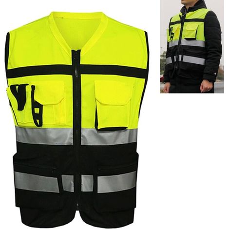 Reflective safety vest, high-visibility vest with front zipper, pockets and reflective stripes, ultralight safety vest for construction (XL)