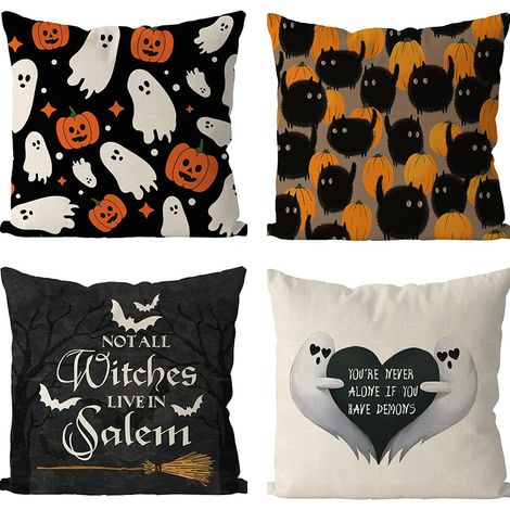 4 Sets Halloween-Sofakissenbezüge mit kleinen Halloween-Kürbis-Geister-Kissenbezügen, schlichte dekorative Kissenbezüge für Wohnzimmer- und Schlafzimmersofas (45x45 cm)