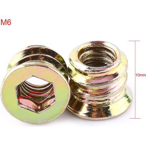 Écrou à Insert Bois en Acier au Carbone Zingué, à Entraînement Hexagonal pour Meubles (M6x10mm) (1/2)