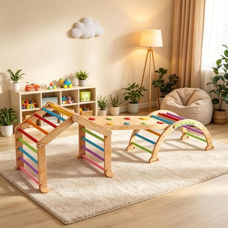 Triangle d'escalade multicolore pour enfants avec rampe réversible, volet coulissant et structure d'escalade (1/5)