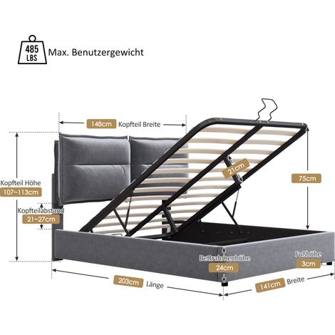 Lit hydraulique double 140x200 cm, dossier réglable, cadre métallique. Moderne, stockage intégré, grande capacité, gris, sans matelas. (1/5)
