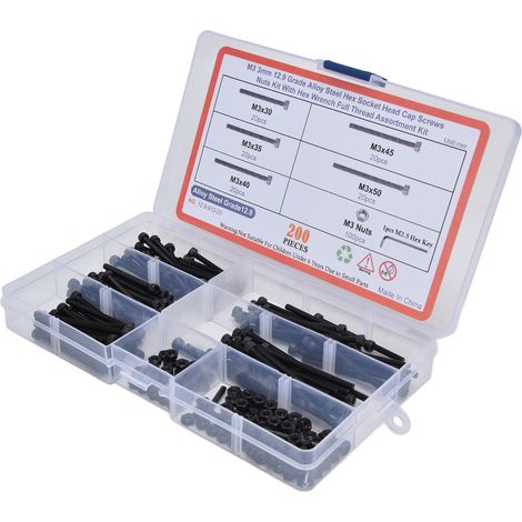 Kit d'assortiment de 200 vis et écrous hexagonaux à tête creuse avec clés pour l'industrie (acier au carbone 12.9). (1/5)