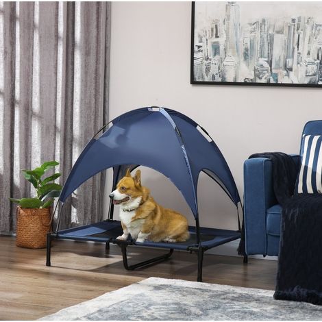 Cama elevada plegable para perro con toldo, 92 x 76 x 90 cm, azul oscuro y negro DESVIAE (1/5)