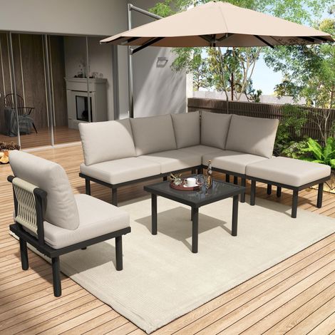 Salotto da Giardino 6 Posti in Olefine con Tavolo, Divano, 2 Poltrone, Sgabello e Cuscini, Beige