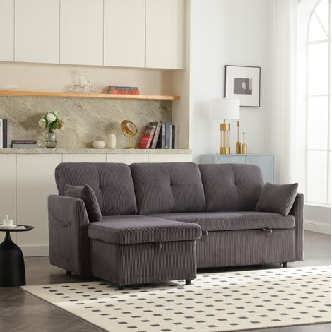 Divano letto angolare modulare 3 posti in velluto a coste grigio scuro 206x108 cm OKWISH (1/5)