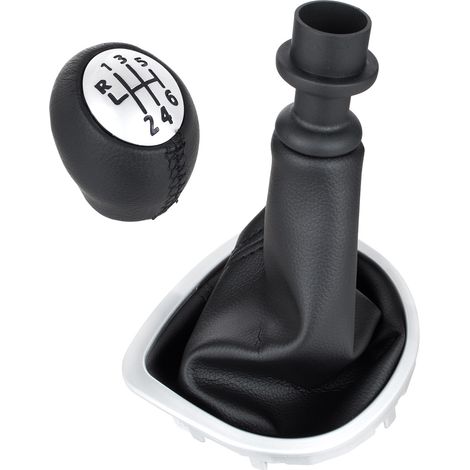 Pomo de palanca de cambios Renault Clio III 05-12 CUERO ECO NEGRO + PLATA + fuelle NEGRO con marco PLATA 6 VELOCIDADES
