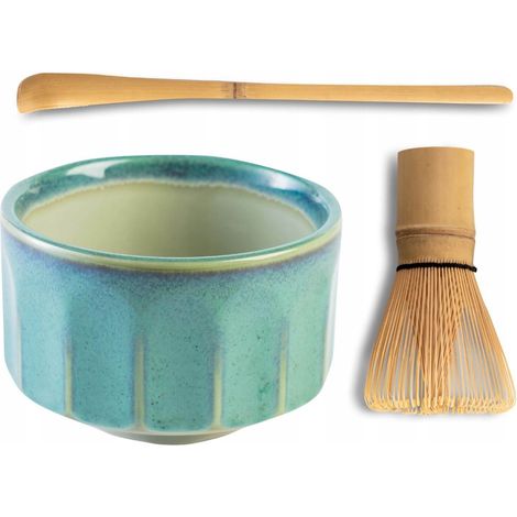 Service à thé Matcha Blue Green, bol japonais, fouet, chasen, cuillère (1/5)