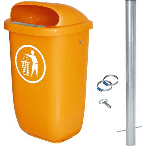 BRB Poubelle d'extérieur - Capacité : 50 l - Conforme à la norme DIN 30713 - Kit complet avec poteaux de tuyau galvanisés et colliers de serrage (orange)