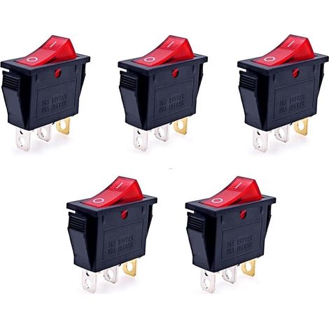 Lot de 5 Interrupteur à bascule, SPST 3 broches, LED rouge, 15A 250V, pour véhicule et appareil ménager (1/5)