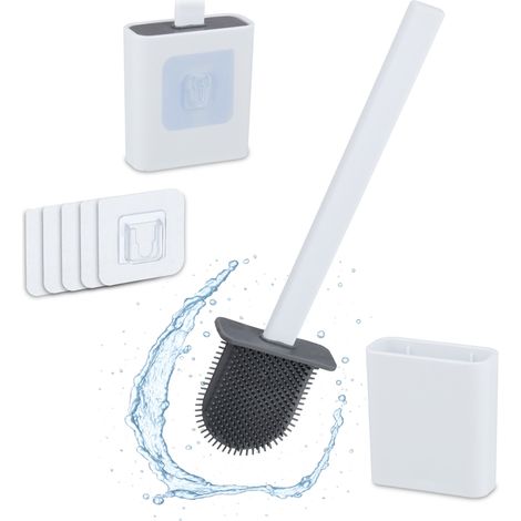 Relaxdays Scopino in Silicone per WC, Scovolino Parete Bagno, HLP: 35,5x9,5x4 cm, Spazzolone Water, Portascopino, Bianco