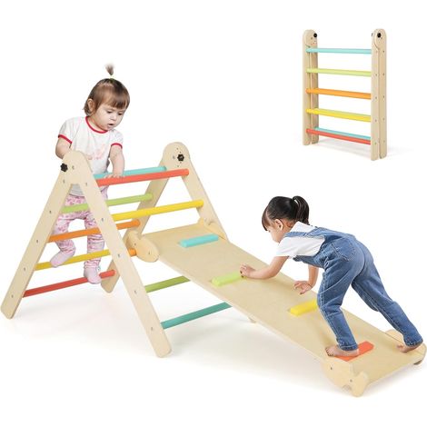COSTWAY Triángulos de Escalada Plegables y Ajustables 3 en 1, Juguetes Triangulares de Escalada para Niños con Rampa Deslizante, Escalador Triangular de Madera Montessori (Multicolor) (1/5)