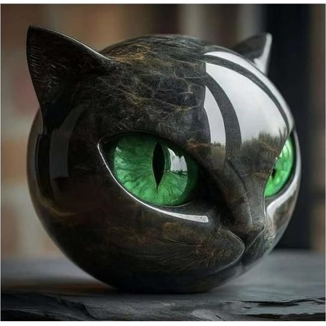 Luxury Black Cat Stone Sculpture, Sculpture Noire la tête Chat Les Yeux Brillants,Cristaux Exquis guérison sculptés sculptés,Vert (1/4)
