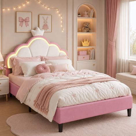 Lit enfant 90x200 cm, tête de lit réglable bicolore beige/rose, LED, sommier stable pour chambre d'enfant (1/5)