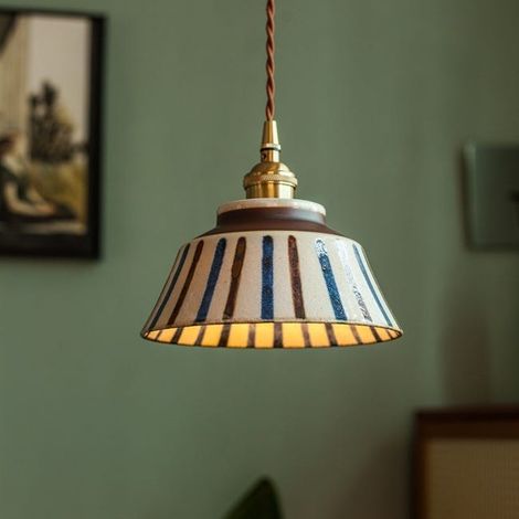 Suspension en céramique sous émail, lustre vintage avec ampoule, petite lampe de chevet LED, plafonnier en porcelaine, φ18 cm, lumière chaude 3000 K (1/5)