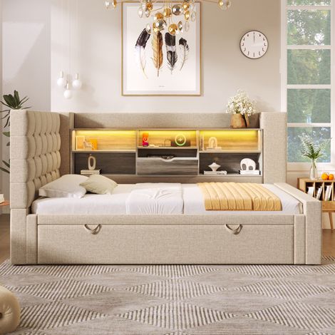 letto contenitore 90x200 LED USB estraibile beige HAVRYA (1/5)