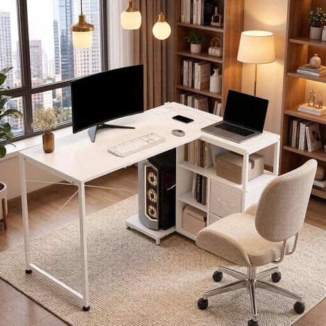 Bureau d’angle 120x80x76 cm en bois et métal blanc, avec rangement pour bureau FloraGrace (1/5)