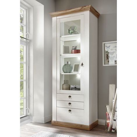 Landhaus Standvitrine LINARES-61 in Pinie weiß / Wotan Eiche Nb. inkl. LED - B/H/T ca.: 82/204/44 cm (1/5)