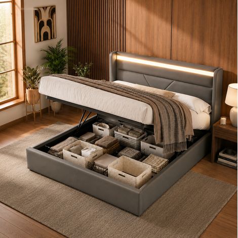 Polsterbett 140x200 cm aus grauem PU mit LED und Stauraum, ohne Matratze – MEUBLIV (1/5)