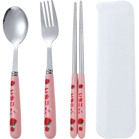 Juego de cubiertos de 3 piezas, de acero inoxidable, con bordes redondeados y diseño de fresas, con caja transparente, ideal para viajes y picnics. (1/5)