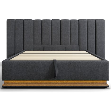 Letto contenitore 160x200 in lino grigio con LED e porte USB-C, rete a doghe (1/5)