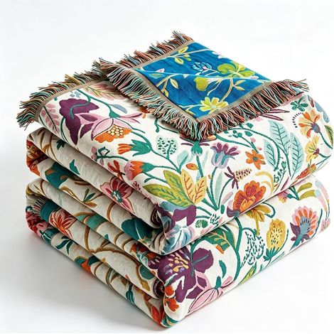 Plaid Canapé en Coton Jardin Vert Floral Couverture Jeté Canapé Boho Réversible Couvre Lit Fauteuil Dessus Grande Taille Bohème, 150x200cm (1/5)