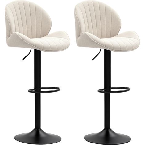 Lot de 2 tabourets de bar coquillage avec repose-pieds, tissu effet chenille, 48 x 50 x 94-115 cm, noir et beige (1/5)