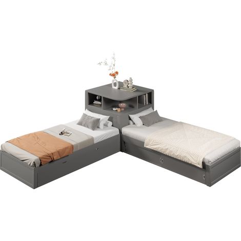 Lit plateforme 90x200 avec lit gigogne, rangement à portes coulissantes et veilleuse LED, gris, pour chambre d’enfant ou d’ado  CHICFURN (1/5)