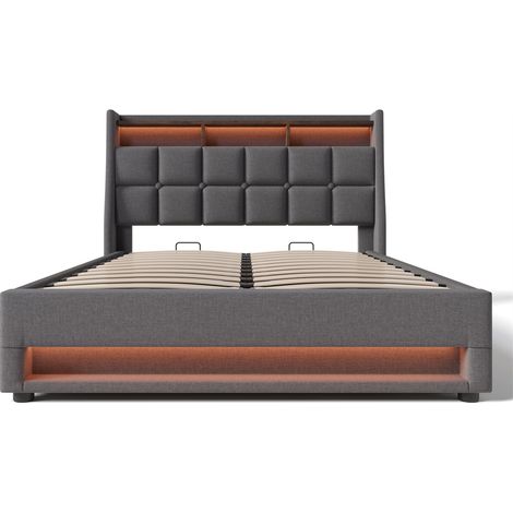 Lit rembourré avec USB 160x200cm,Lit simple LED avec sommier à lattes métalliques,Cadre de lit en lin Lit pour adolescents (Sans matelas) -Gris (1/5)